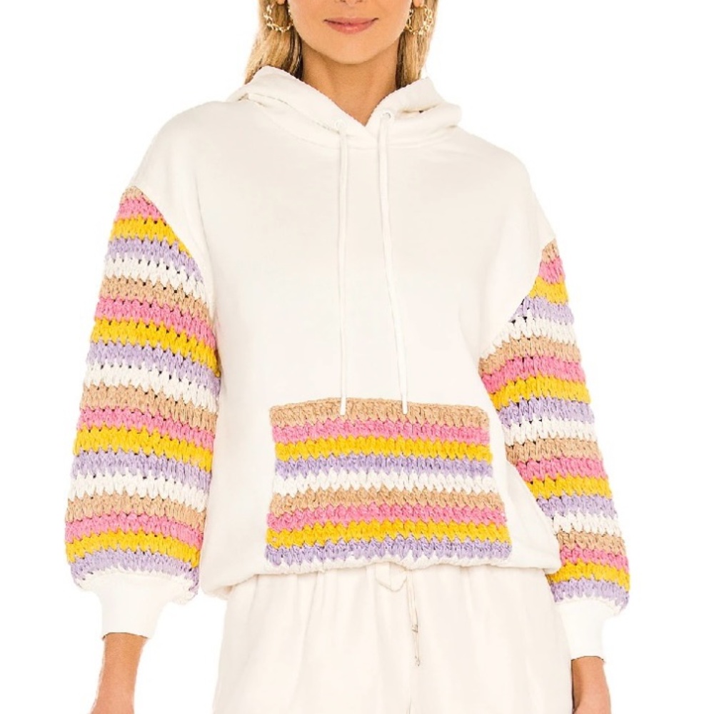 Alice + Olivia Nisa crochet sleeve pocket hoodie sweatshirt Sz XS off white